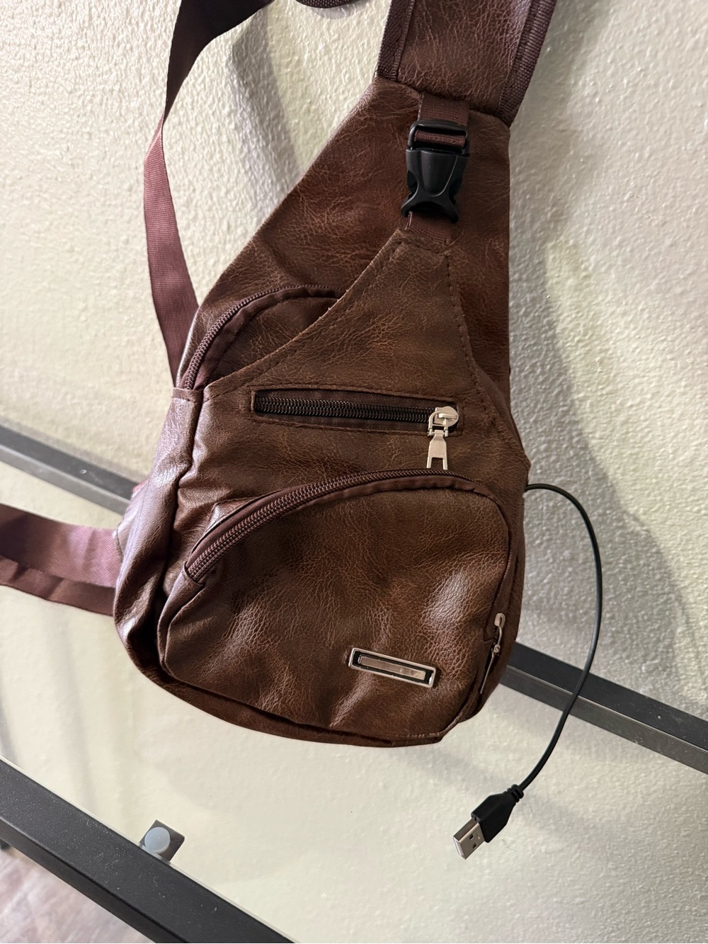 Brown Leather-Look Sling Backpack Crossbody Bag with USB Charging Port - Picture 4 of 7